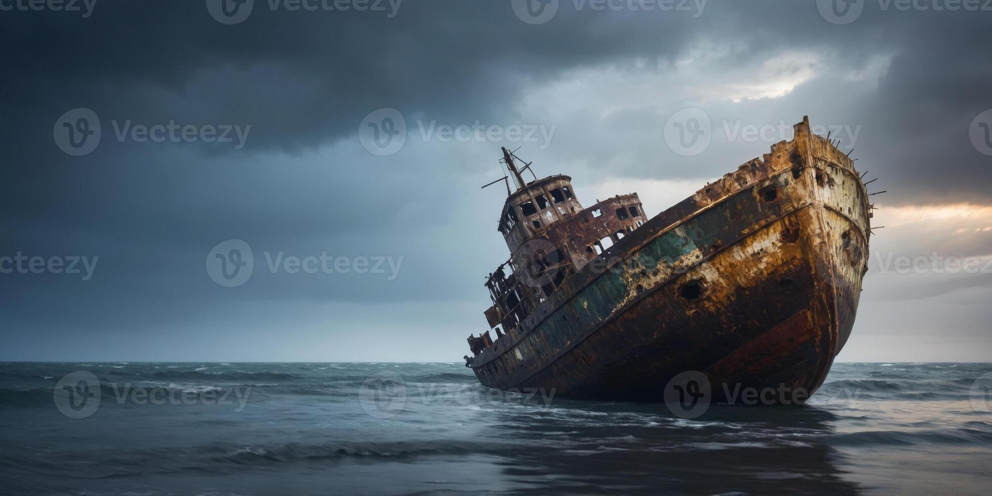 Haunting Shipwreck Resting in the Stormy Seascape Abandoned and Decaying Vessel Reflecting in the Moody Waters. photo