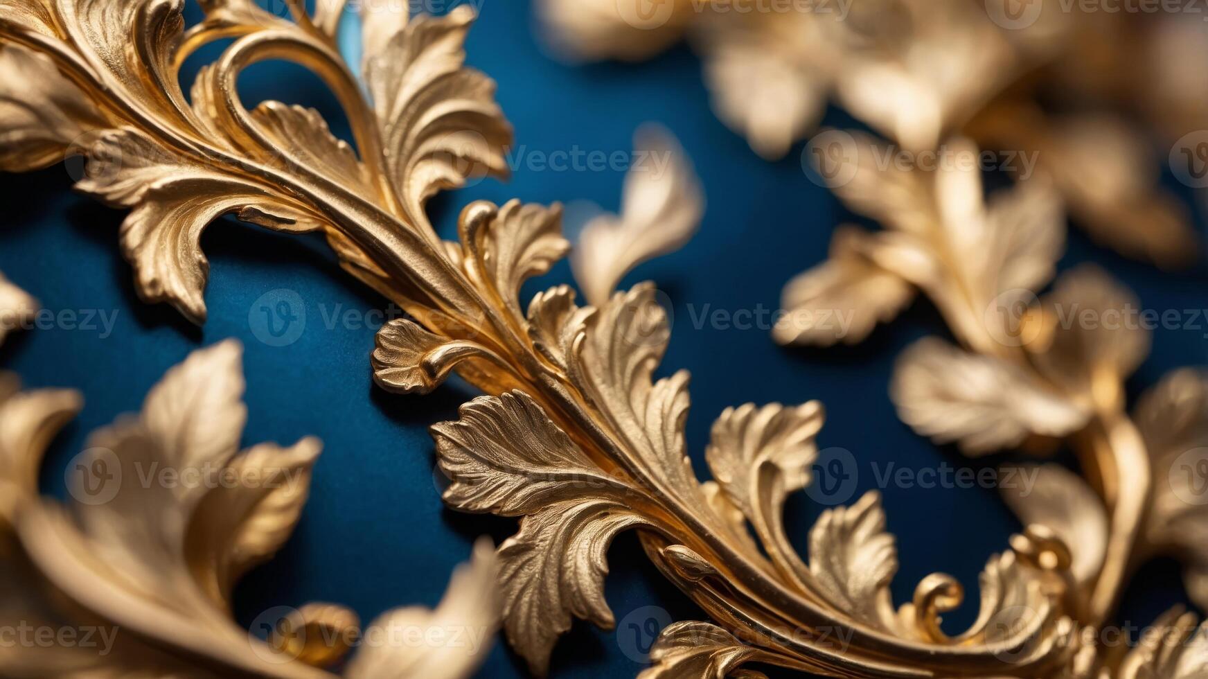 Close up of gold and blue baroque style wallpaper. photo