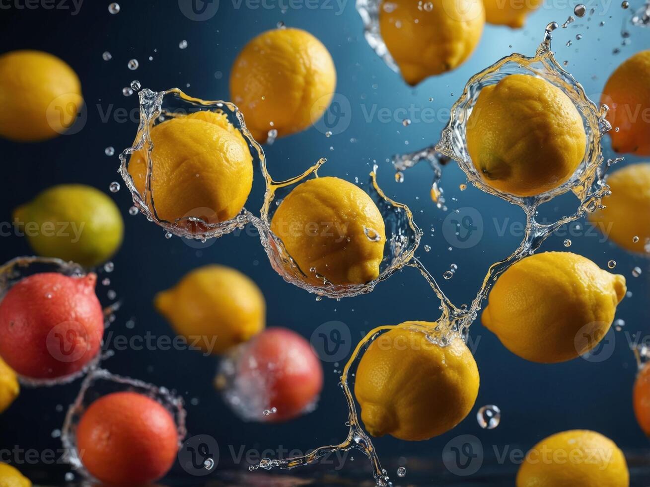 Lemons splashing into water with colorful balls. photo