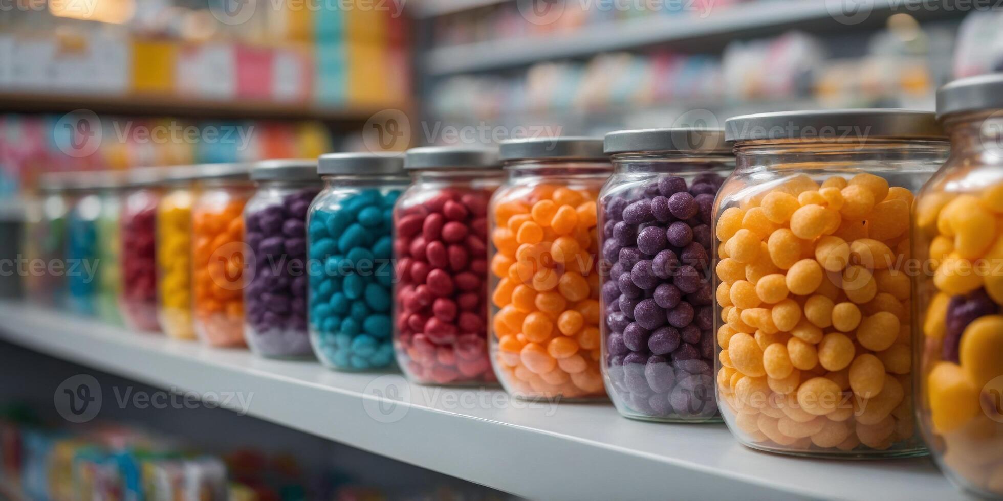 Variety of candies displayed in clear bins on shelves. photo