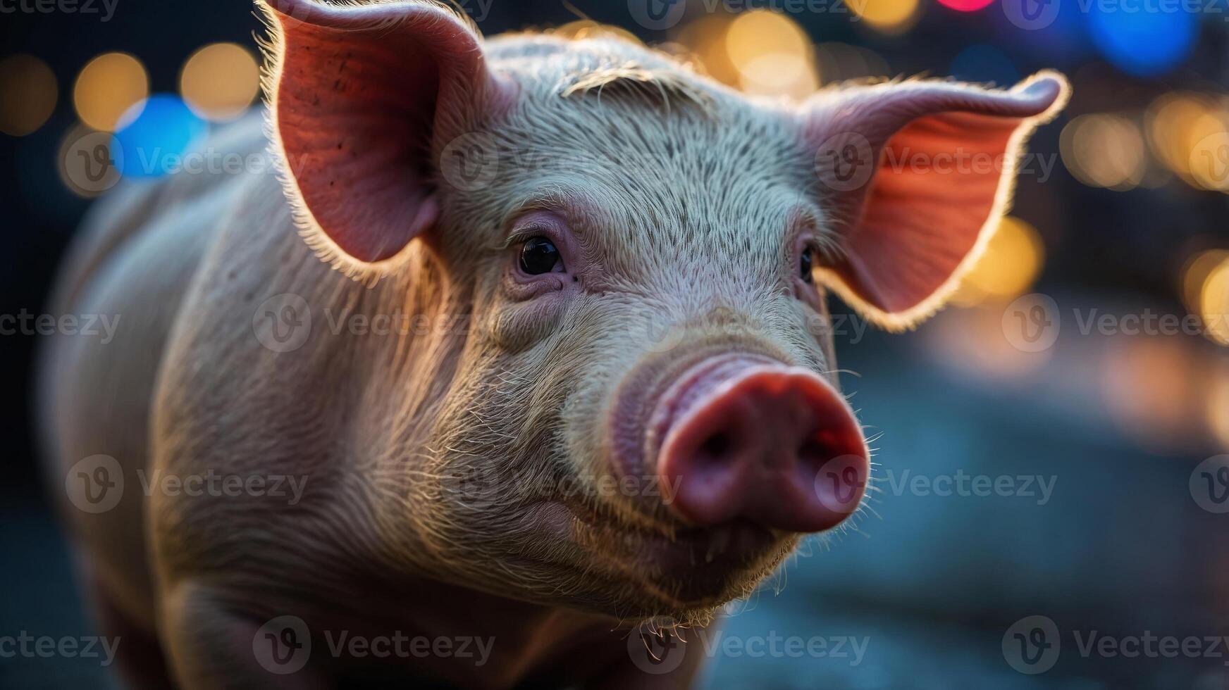 Close-up of a pig's face with neon lights. photo