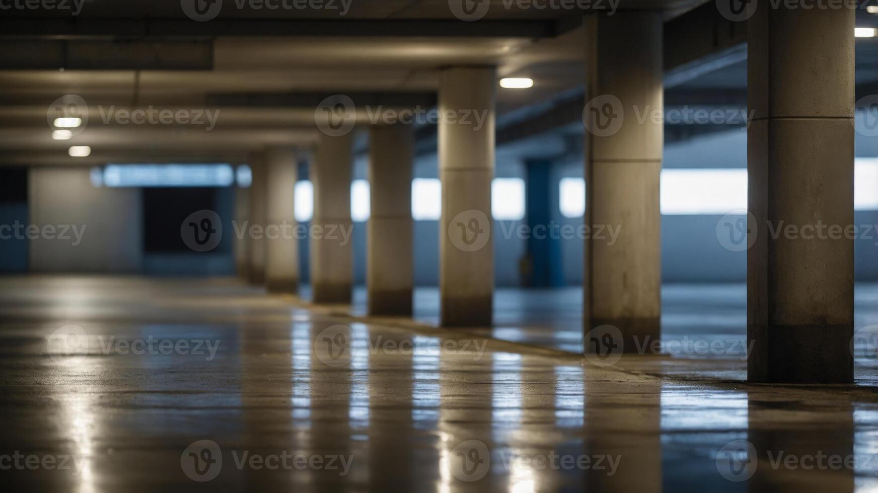 Empty Parking Garage with Concrete Columns and Reflective Floor. photo