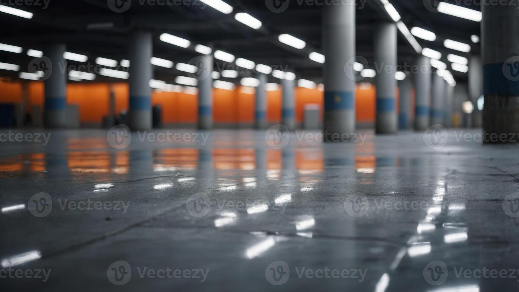 Empty Parking Garage with Concrete Columns and Reflective Floor. photo