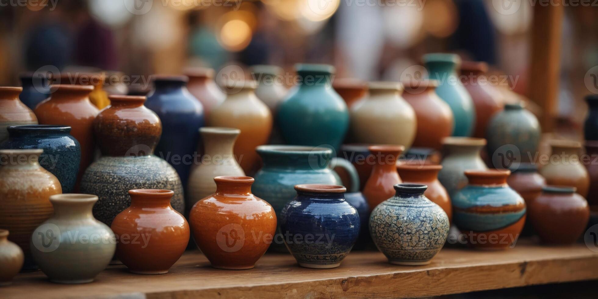 Pottery and ceramics displayed at a local craft market. photo