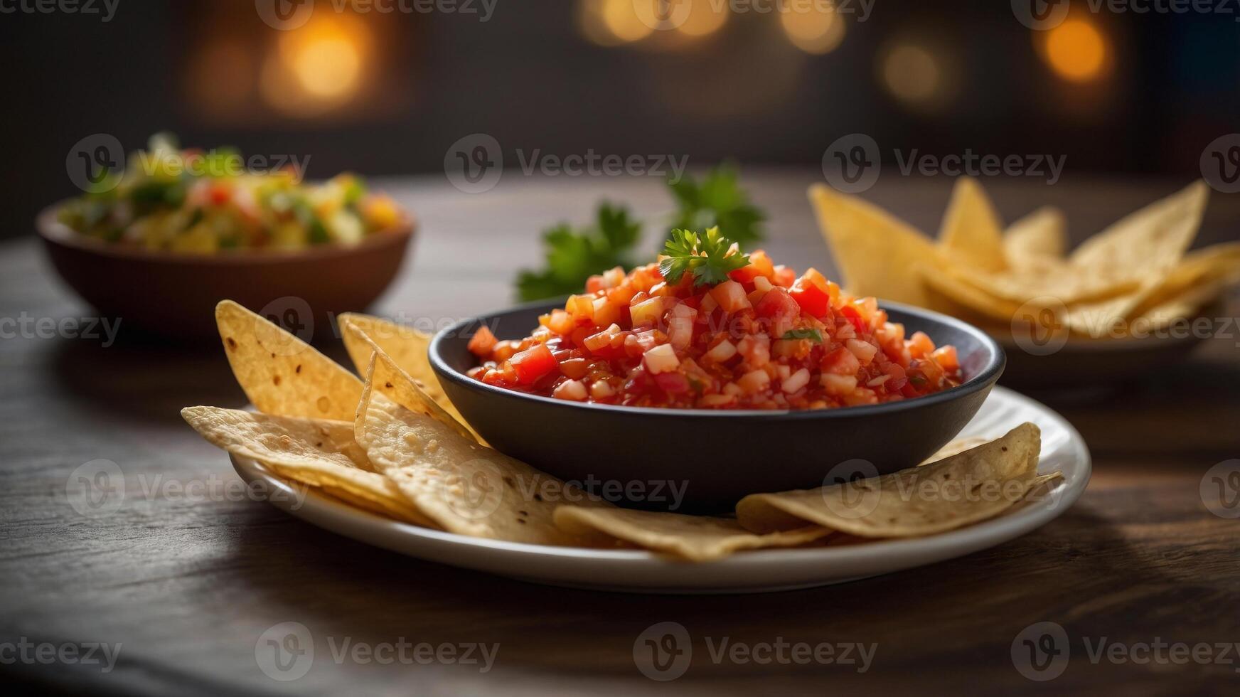 Tortilla chips on plate with salsa dip in background. photo