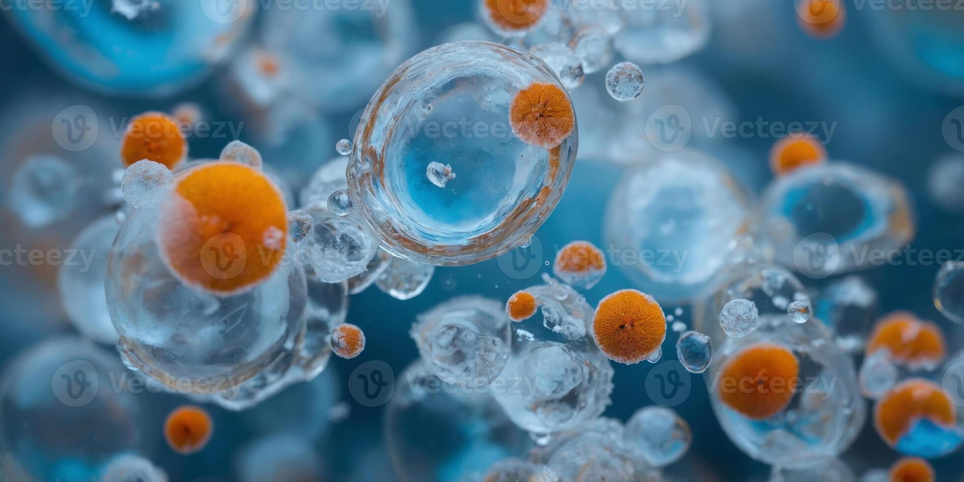 Top view of Blue bubbles under frozen water surface. photo