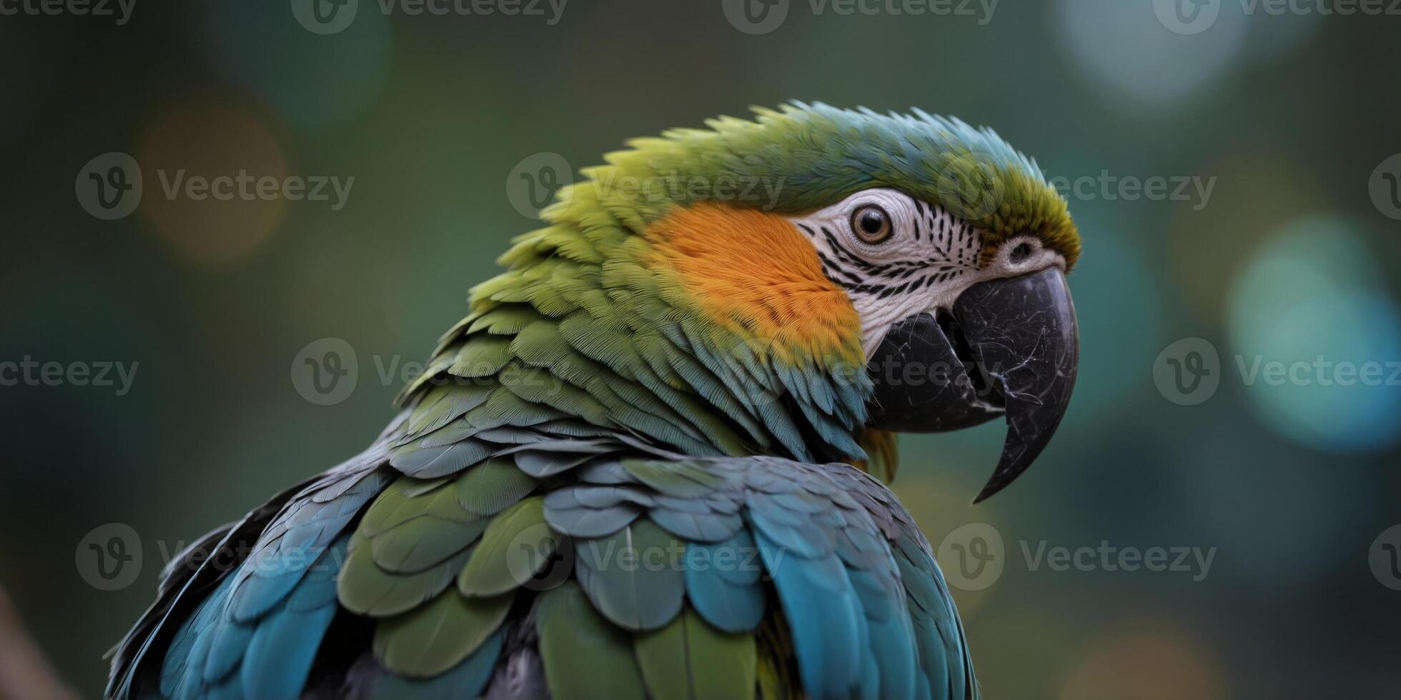 Close up of colorful blue and green feathers of exotic parrot bird. photo