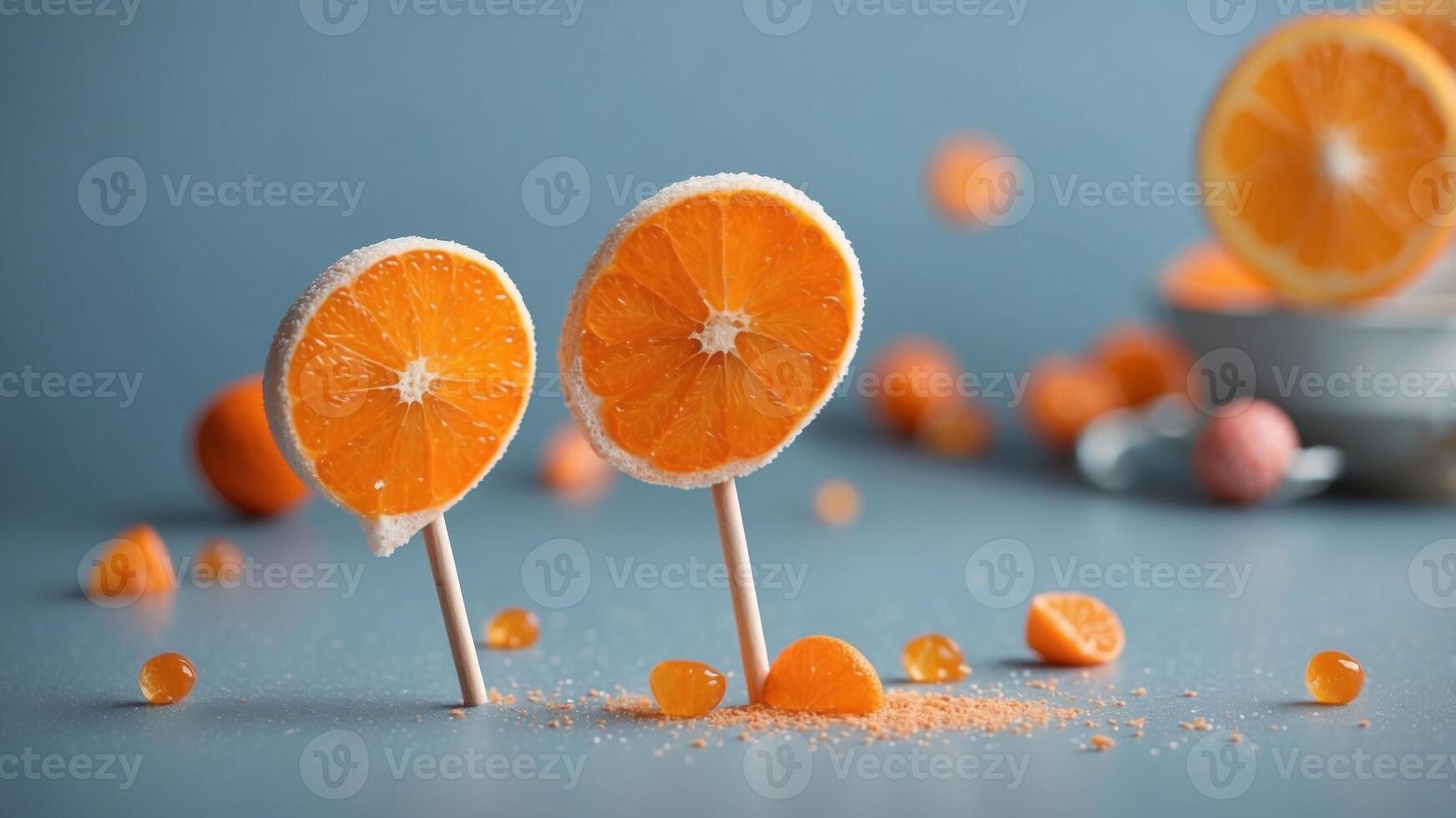 Orange with lollipop stick on pastel blue background Food creative concept. photo