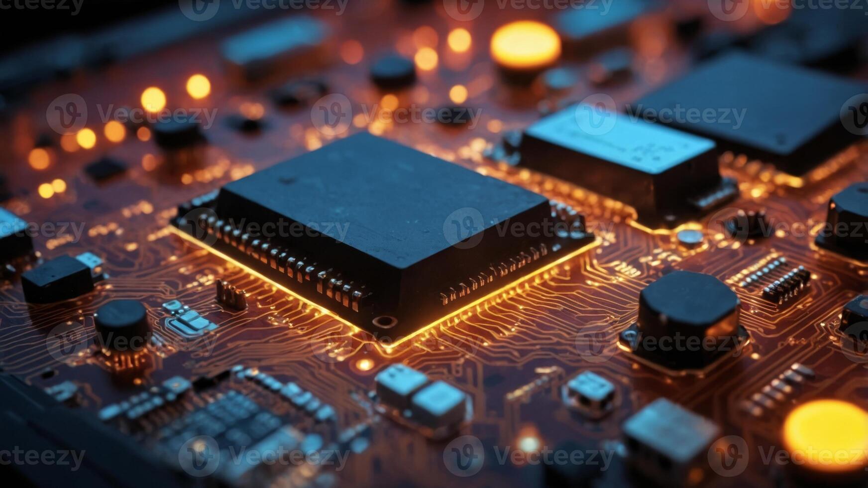 Close-up of a Circuit Board with Glowing Components. photo