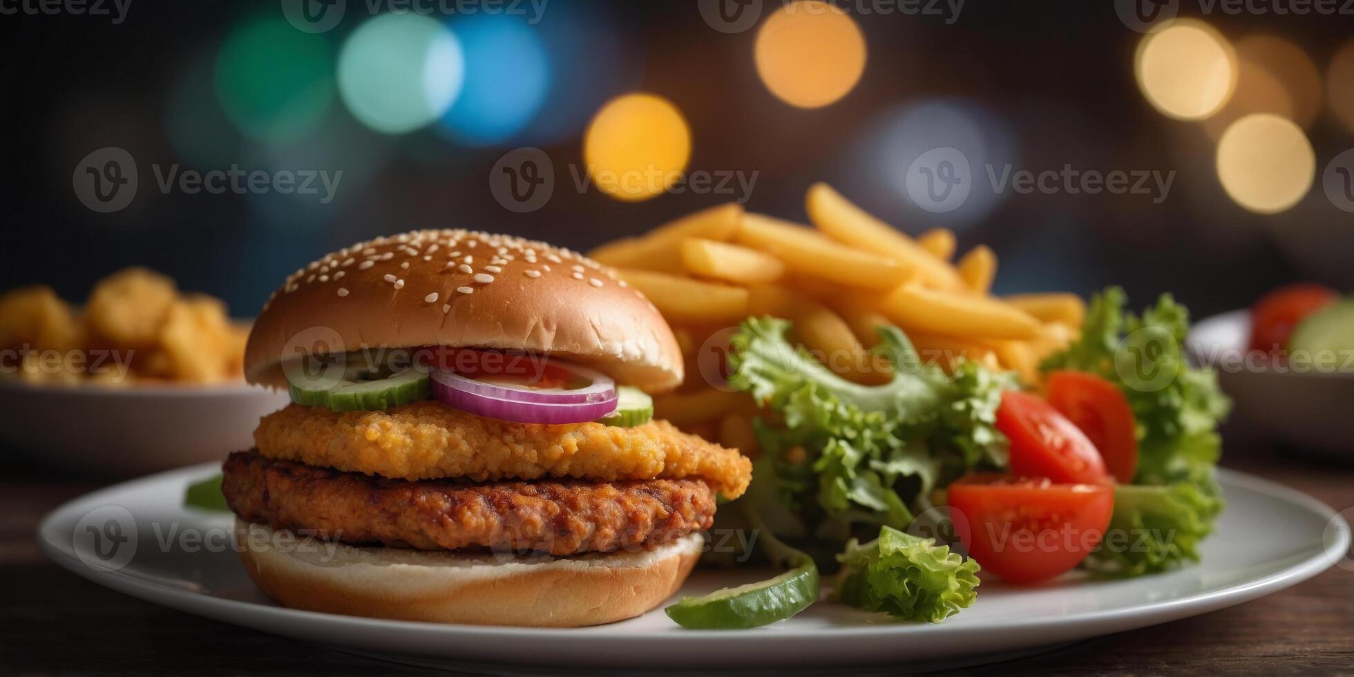 Burger with breaded chicken patty and vegetables on plate. photo