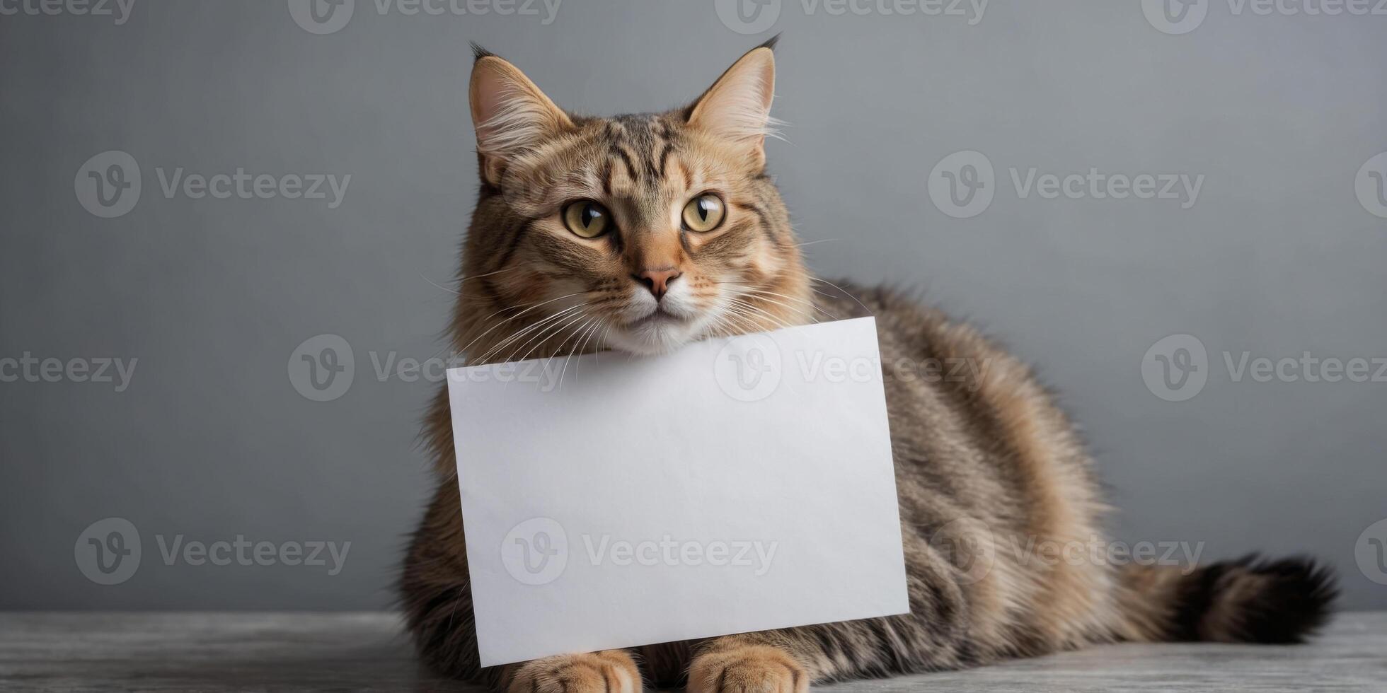 Cute cat holding empty white paper in front of gray studio background with copy space. photo
