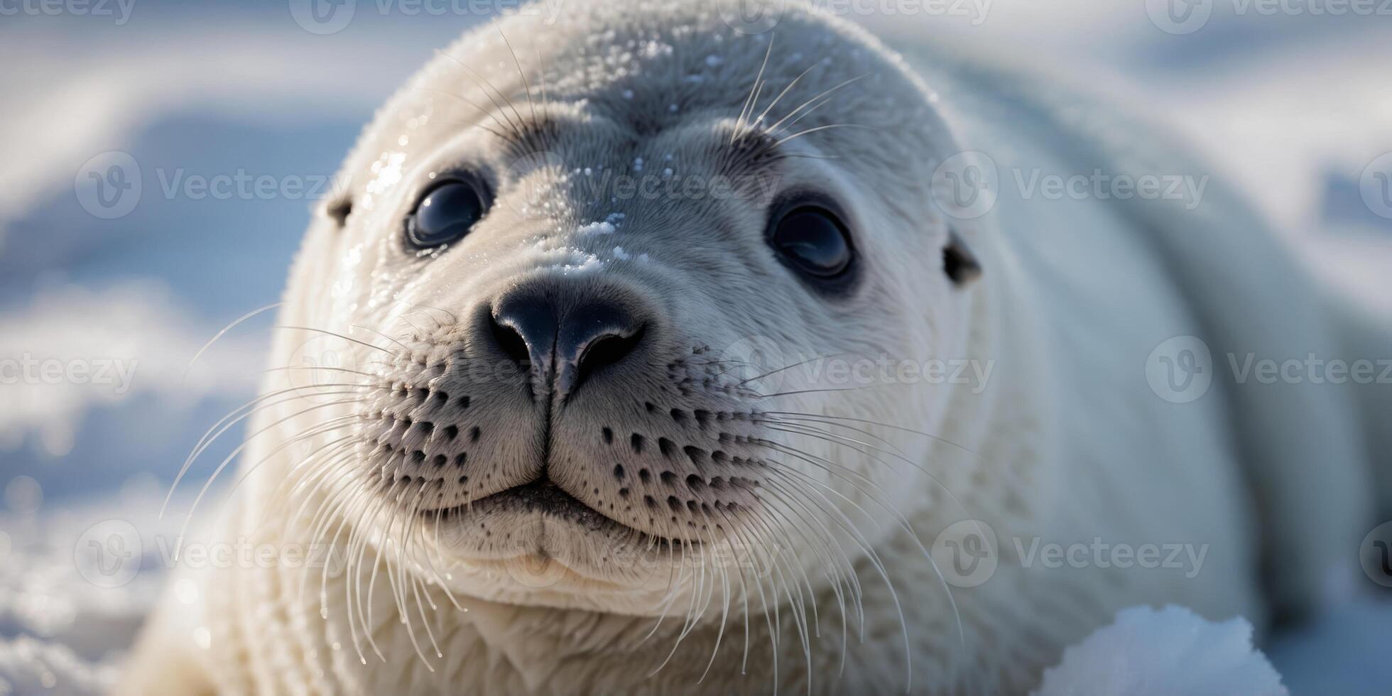 Close up of face of young seal pup with white fur in snow. photo