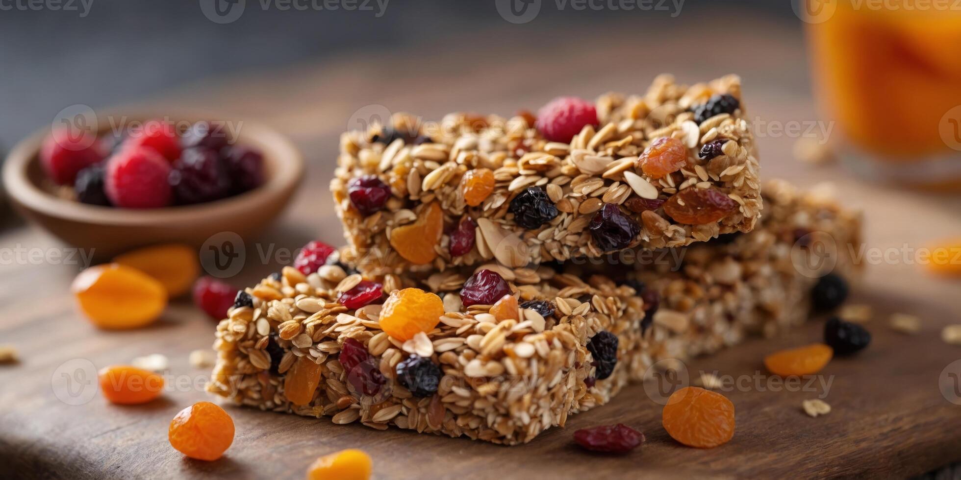 Close up of granola energy bar with dried fruits on plate. photo