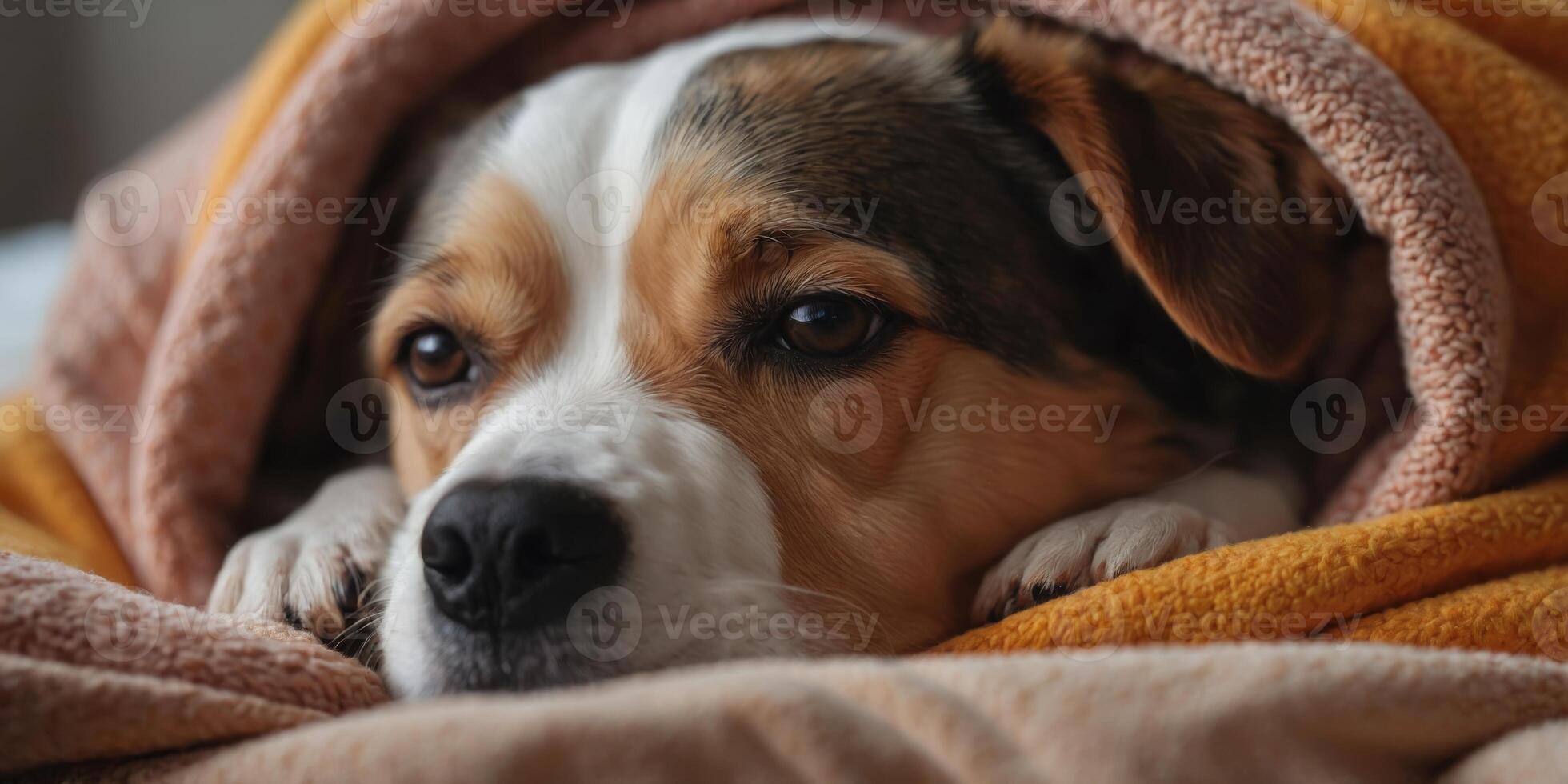 Close up of cute dog snuggling under warm blanket. photo