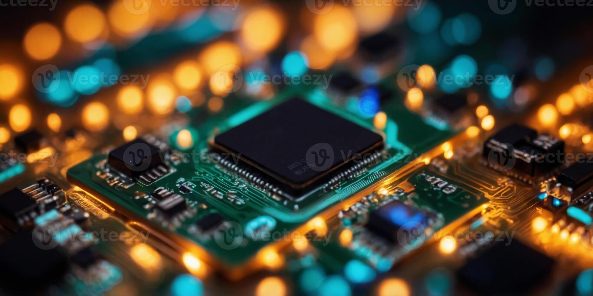 Close-up of a circuit board with LED lights. photo