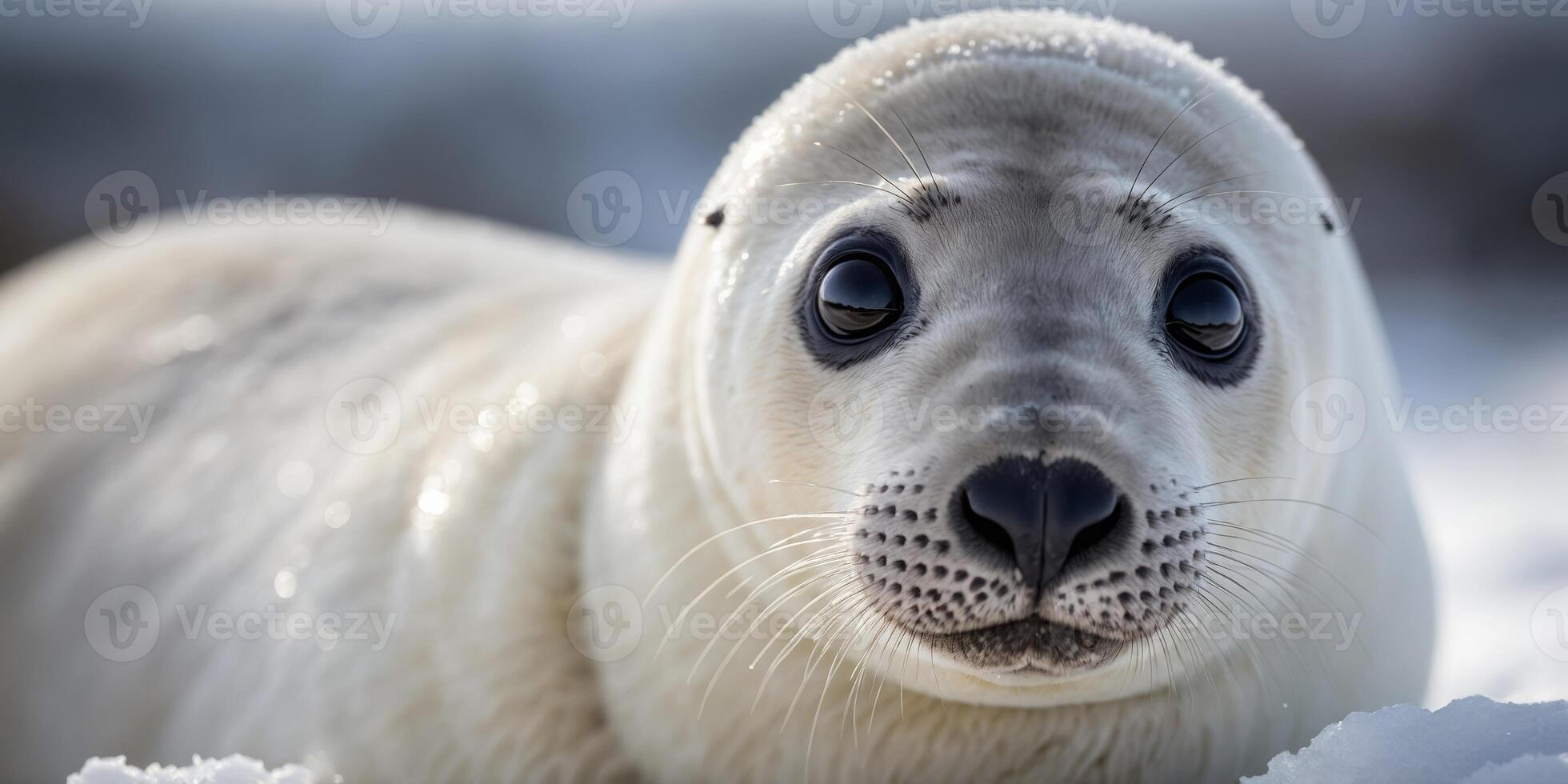 Close up of face of young seal pup with white fur in snow. photo