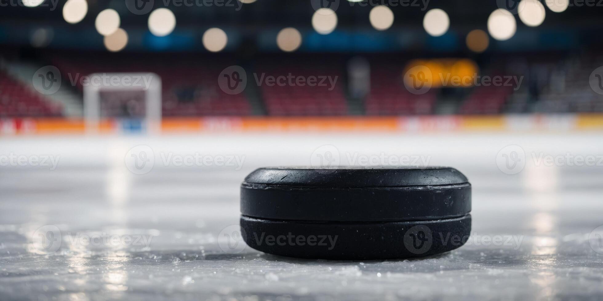 Close-up of a hockey puck on the ice in a stadium. photo
