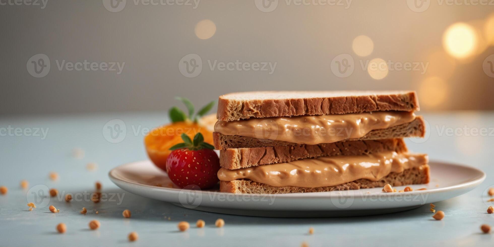 Peanut butter sandwich on plate in front of studio background. photo