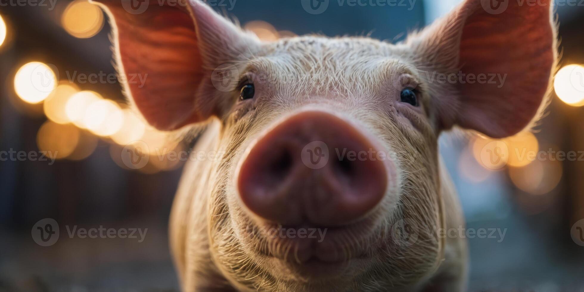 Close up of fisheye perspective of pig's face. photo