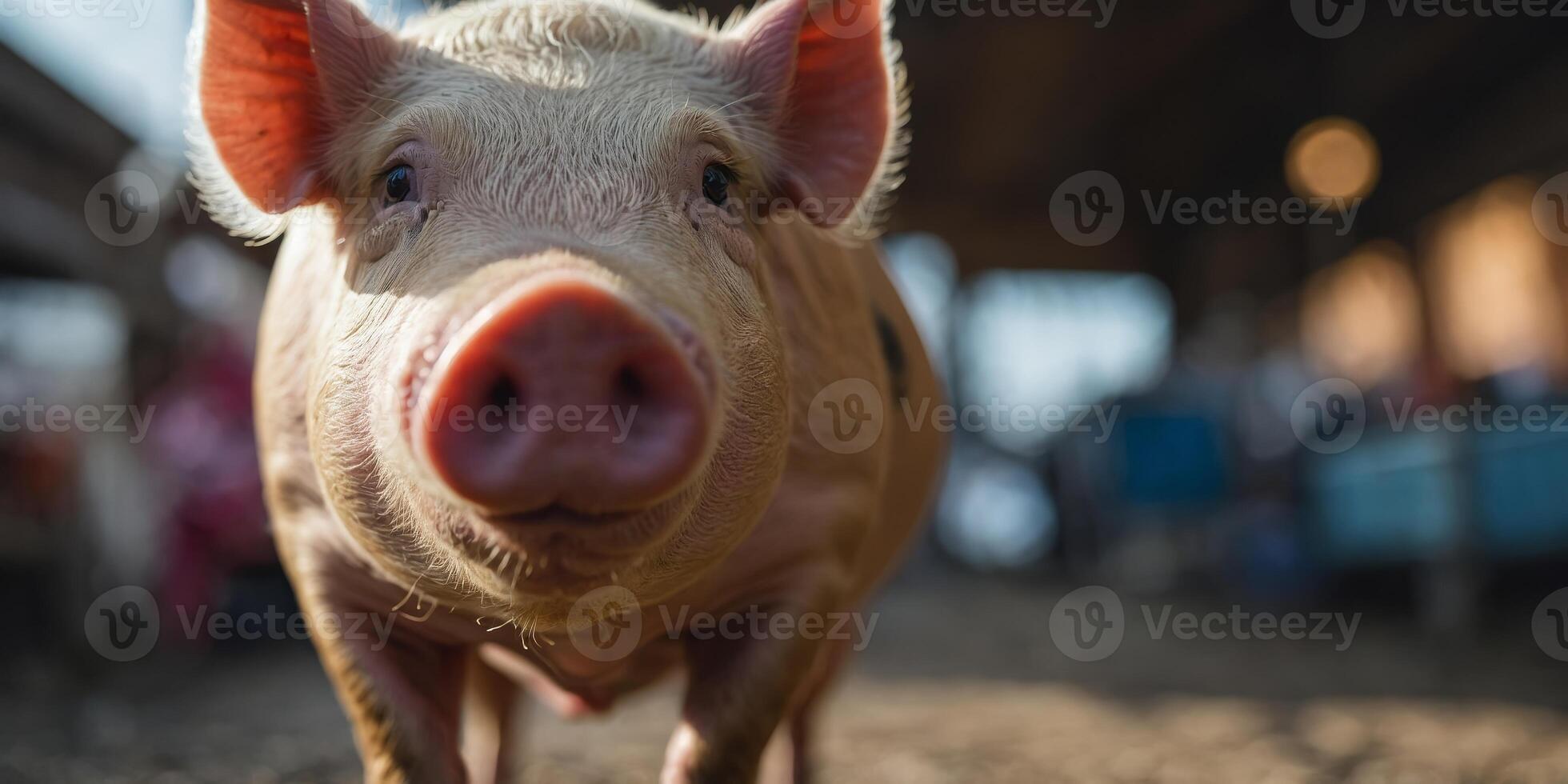 Close up of fisheye perspective of pig's face. photo