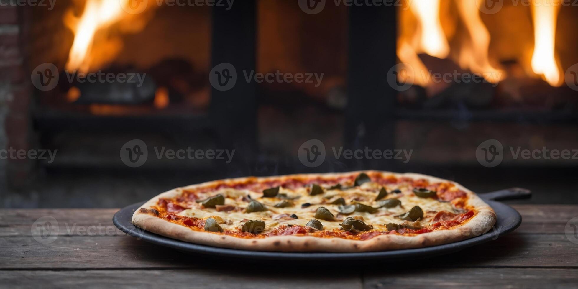 Pizza in Italy is cooked in an oven that burns wood. photo