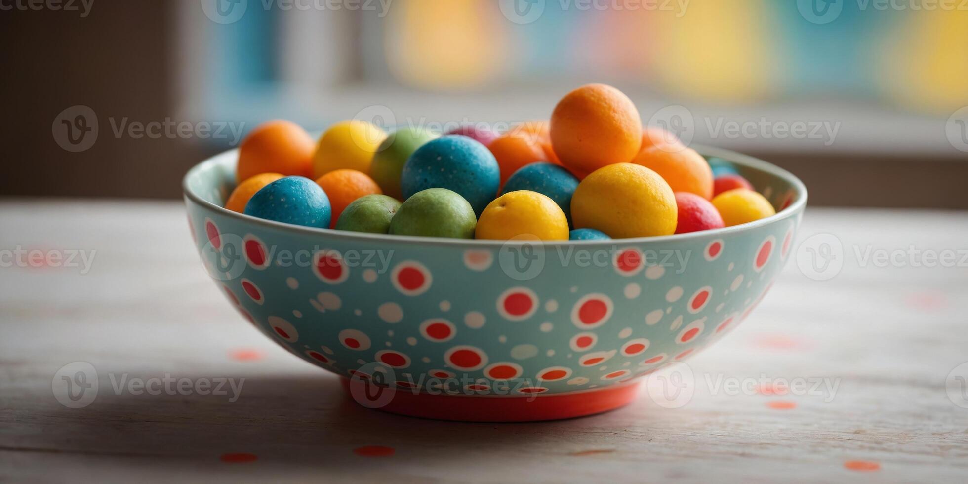 Two Polka Dot Bowls over a Colorful Background. photo