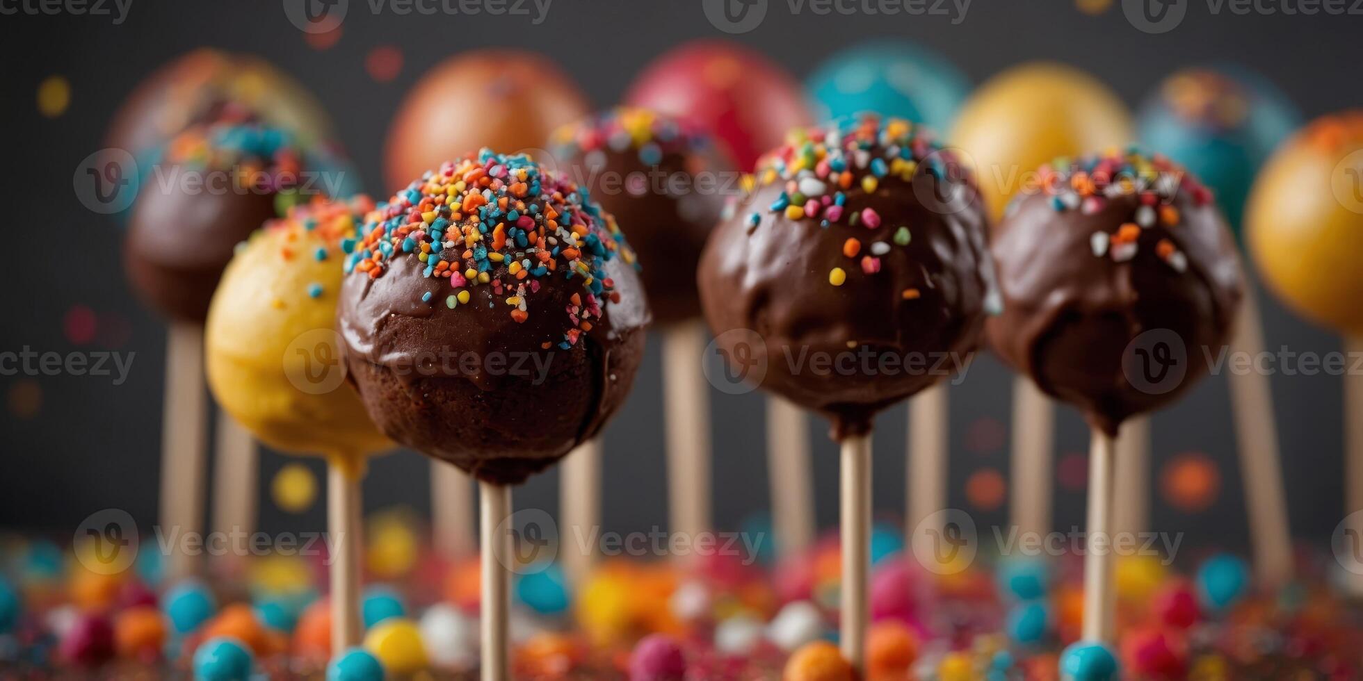 Close up of chocolate cake pops on sticks with colorful sugar sprinkles. photo
