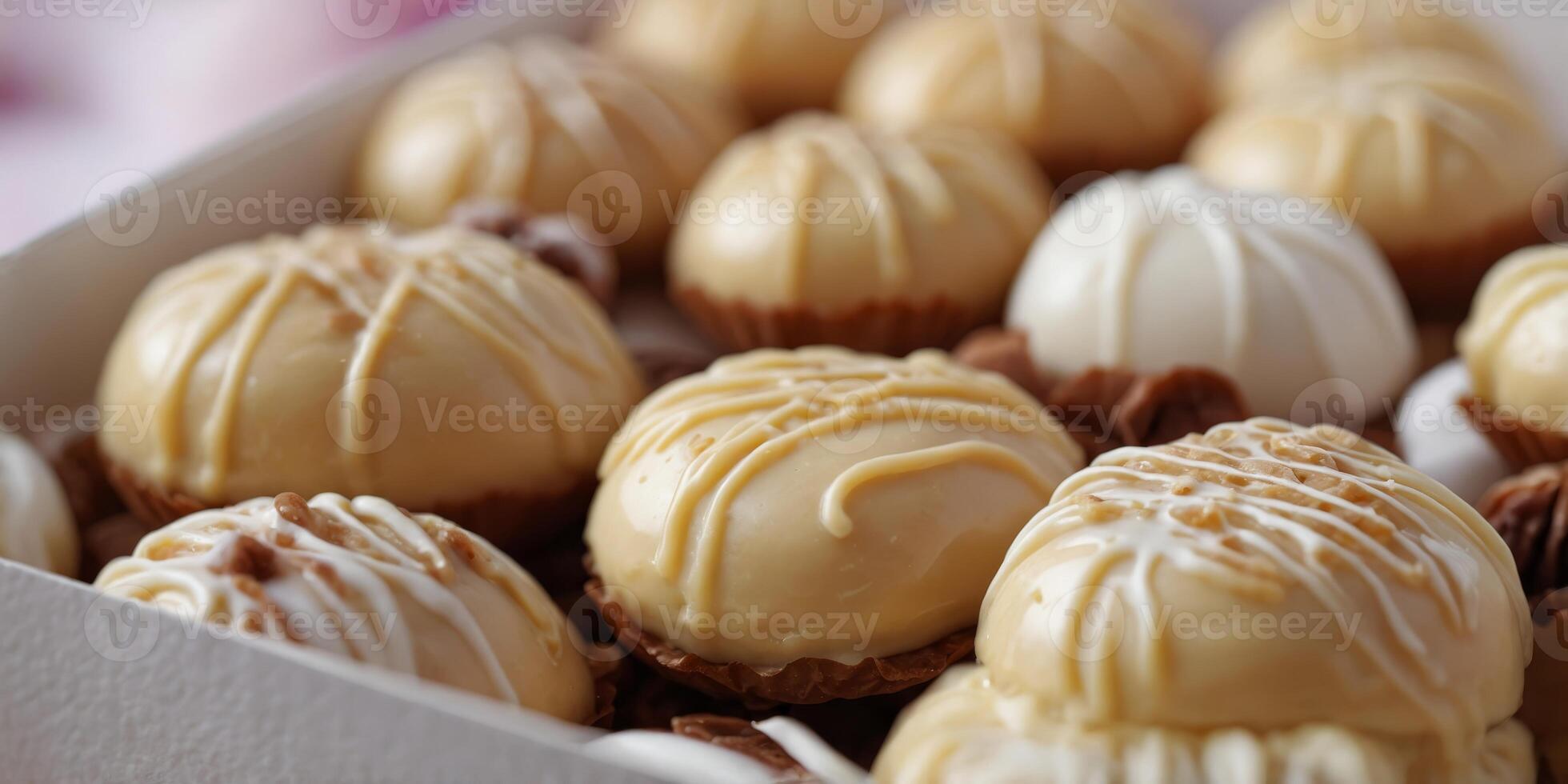 Close up of white chocolate glazed pralines in box. photo