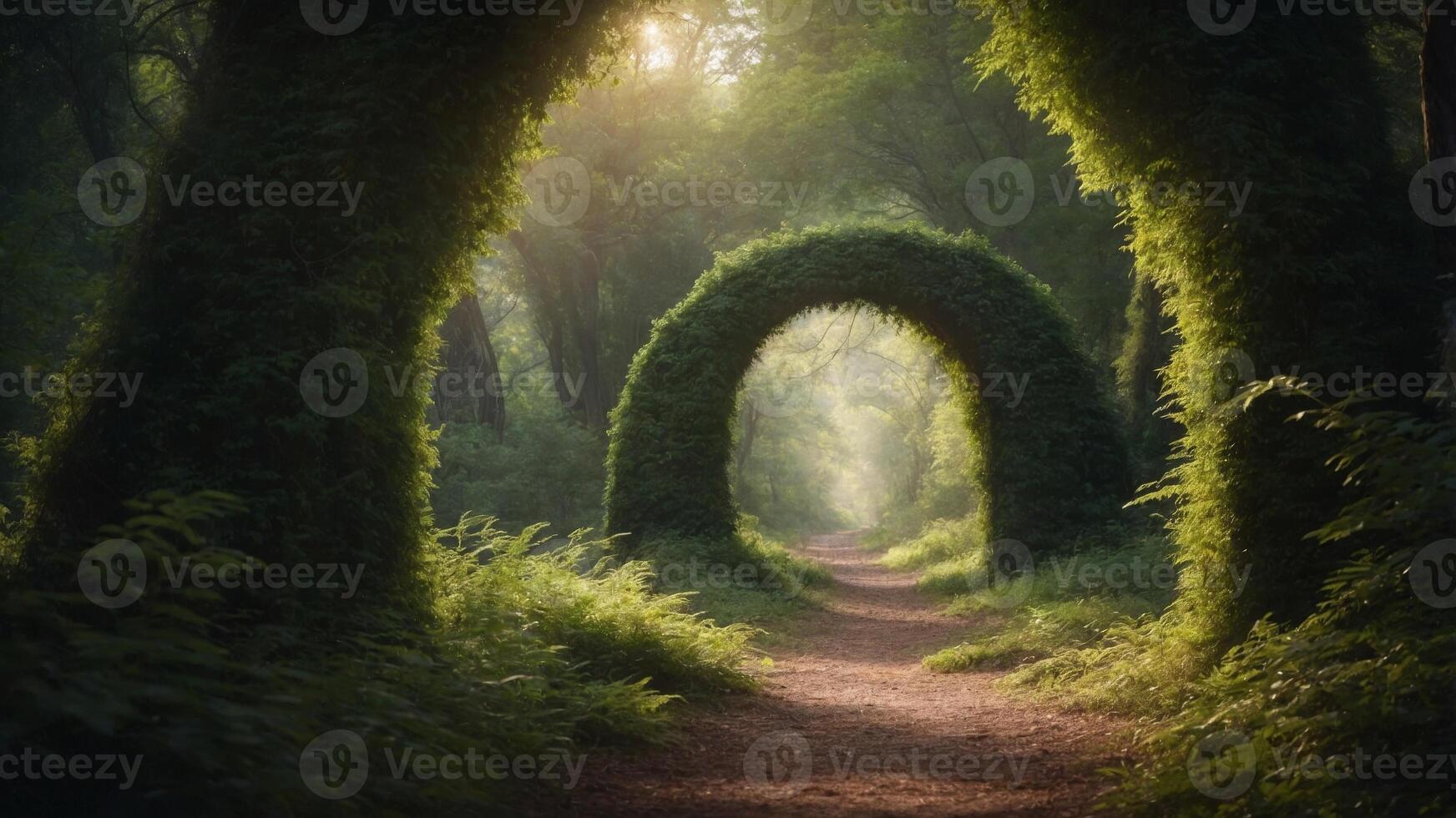 Natural archway formed by green branches in a panoramic forest scene. photo