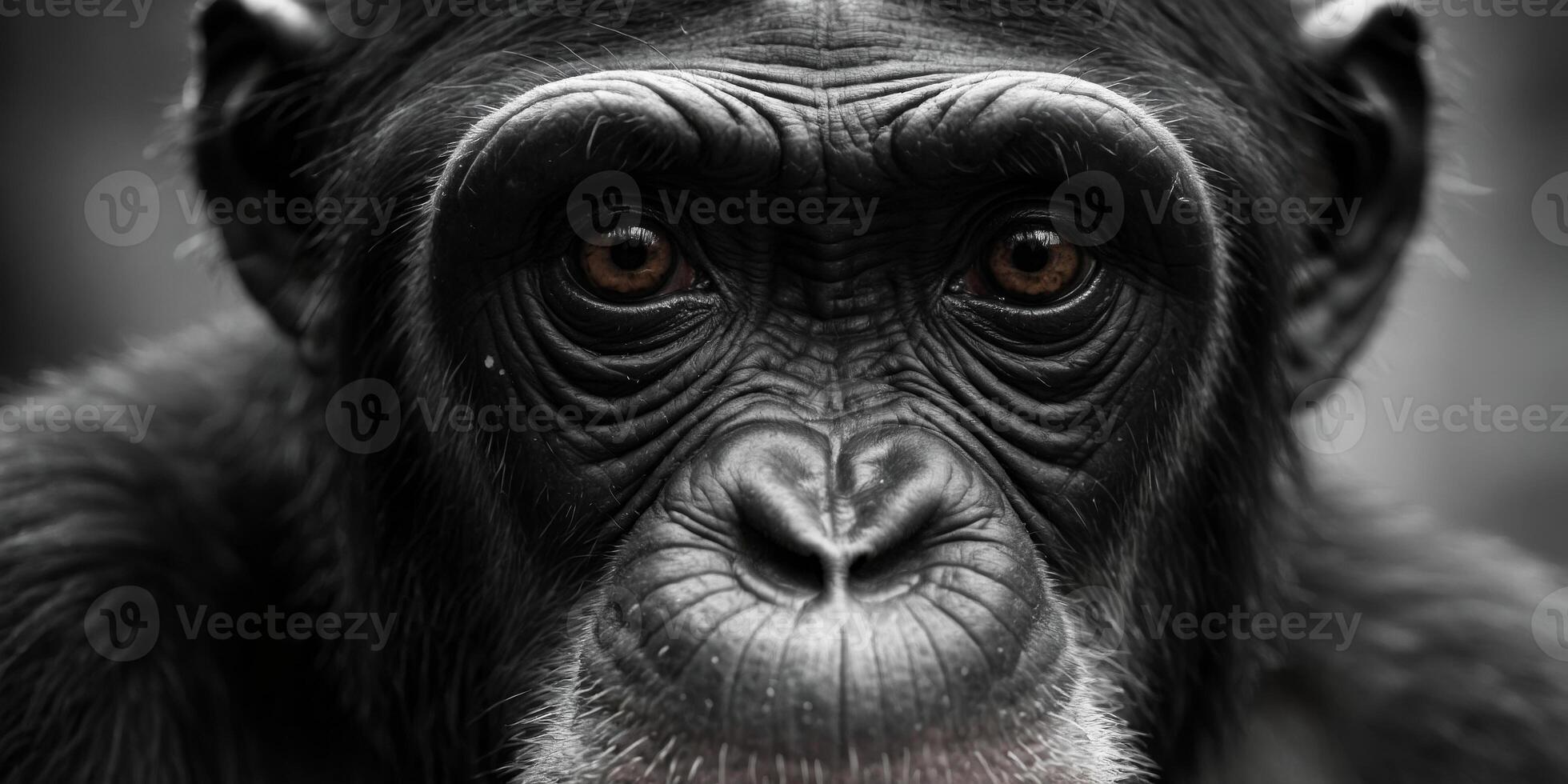 A close-up shot of a chimpanzee's face in black and white. photo
