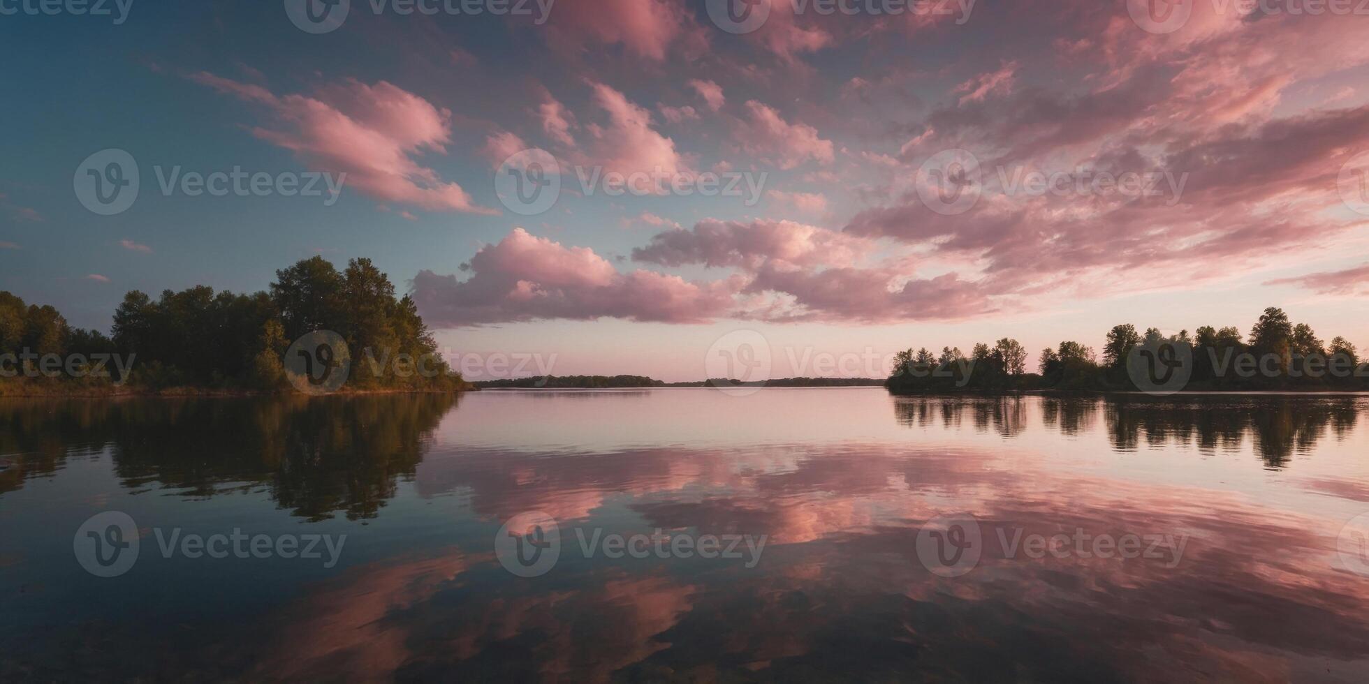 A serene landscape featuring pink clouds reflecting on a calm water surface. photo