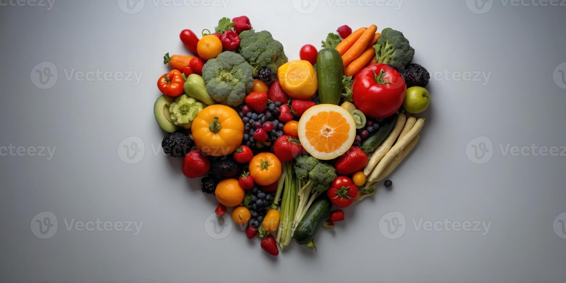 A colorful mix of vegetables and fruits arranged in the shape of a heart. photo