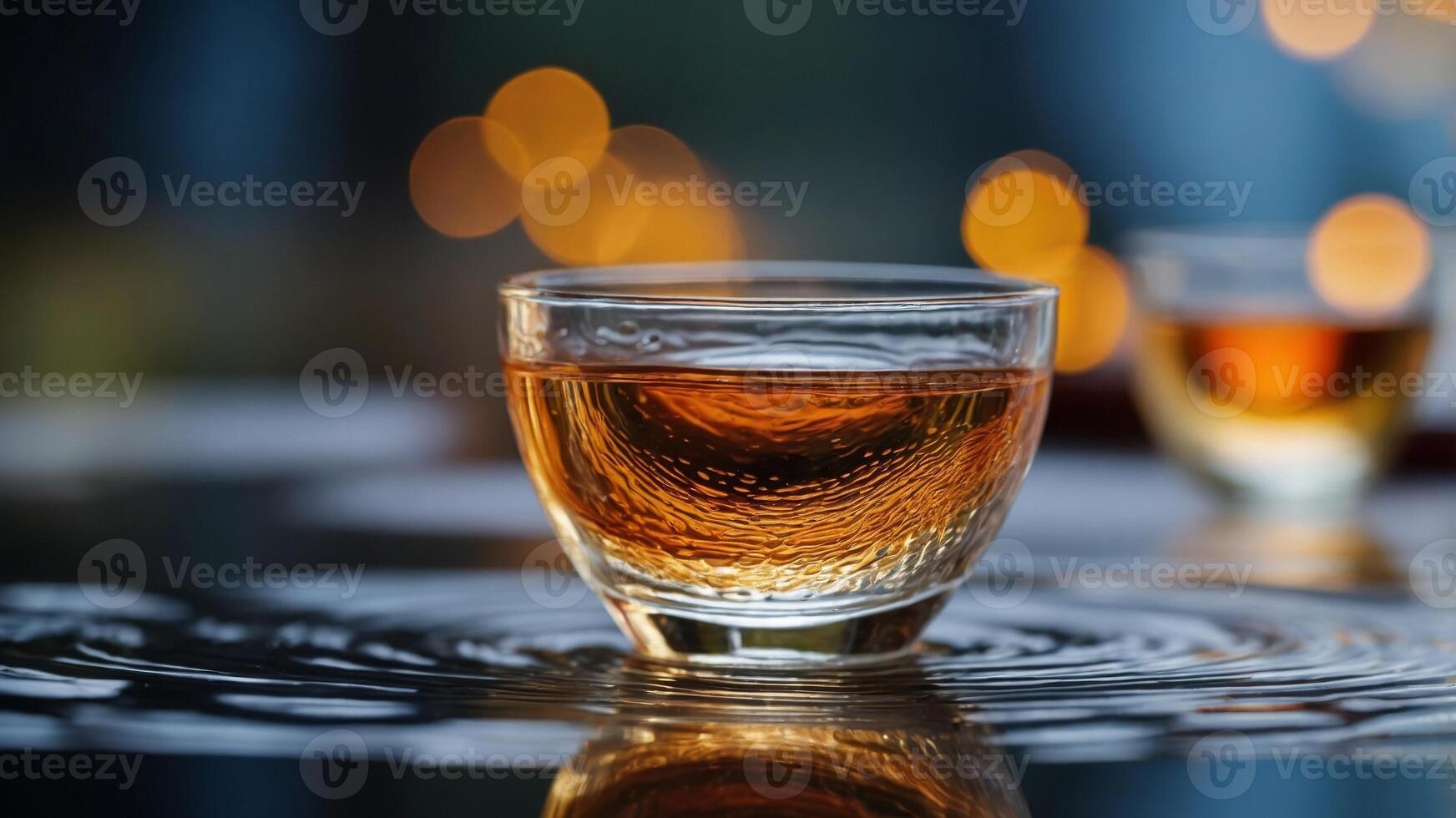 Glass bowl using water creating ripples over a reflective surface. photo