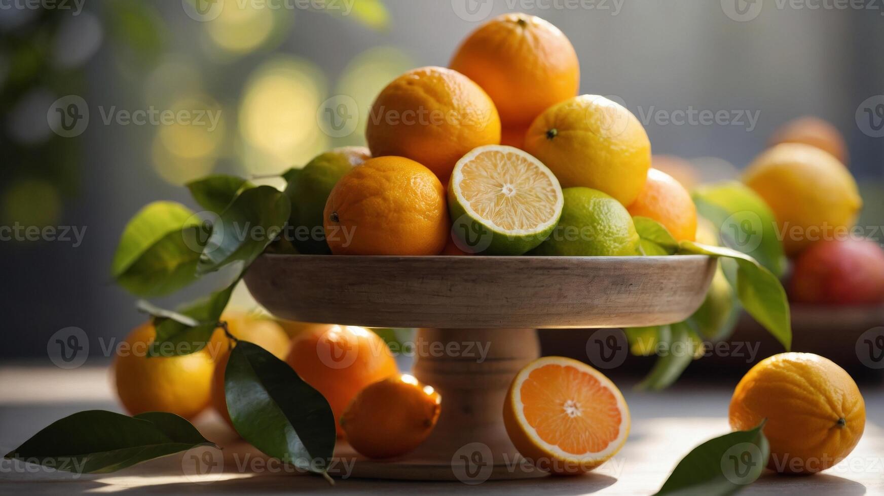 Fresh citrus fruits on a plate in sunlight. photo
