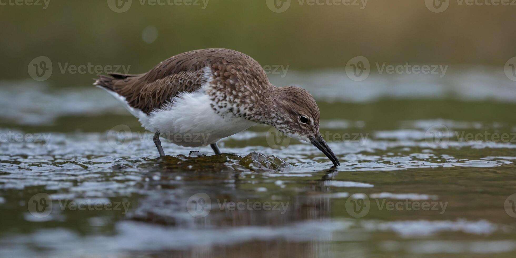 Common sandpiper preening its feathers by the water. photo