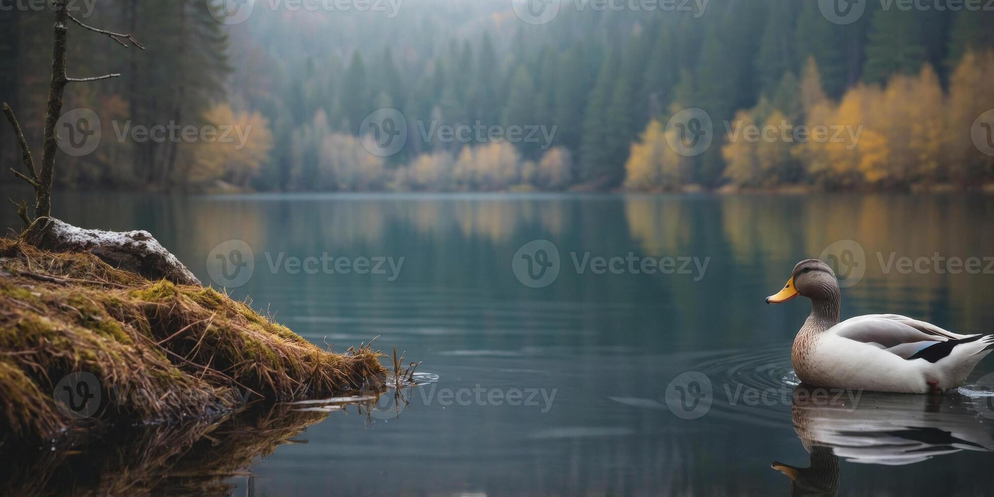 Snowy Swiss forest and serene lake with ducks. photo