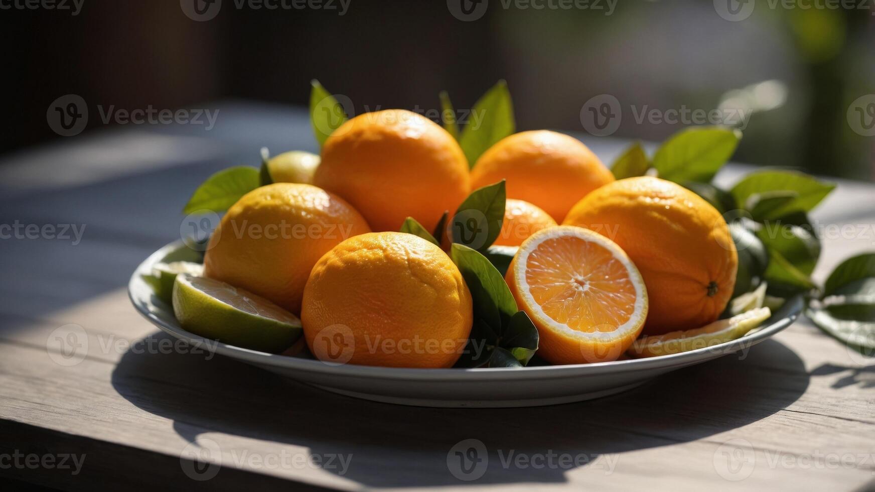 Fresh citrus fruits on a plate in sunlight. photo