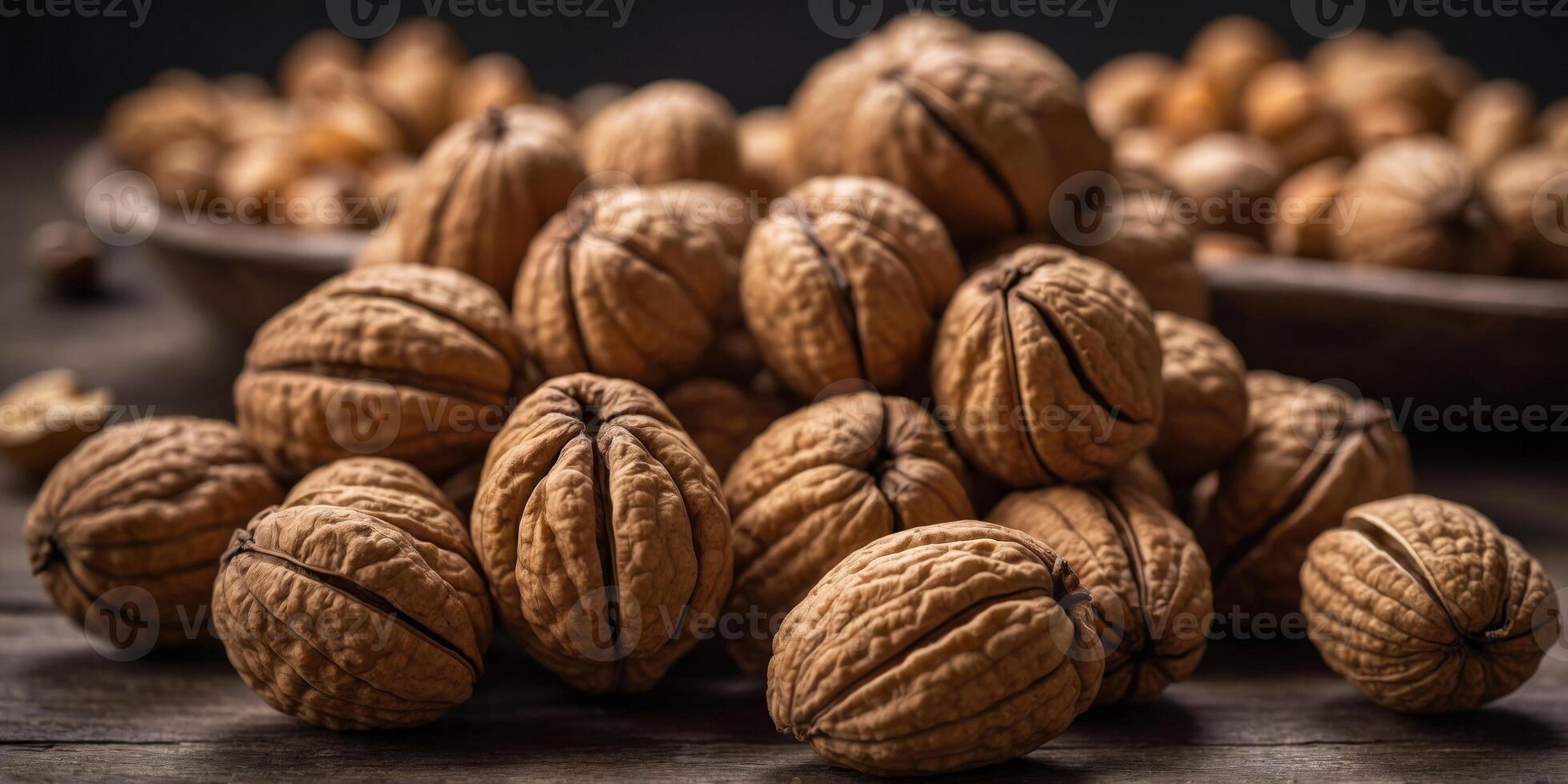 Fresh walnuts in a shell close-up The background is made of nuts. photo