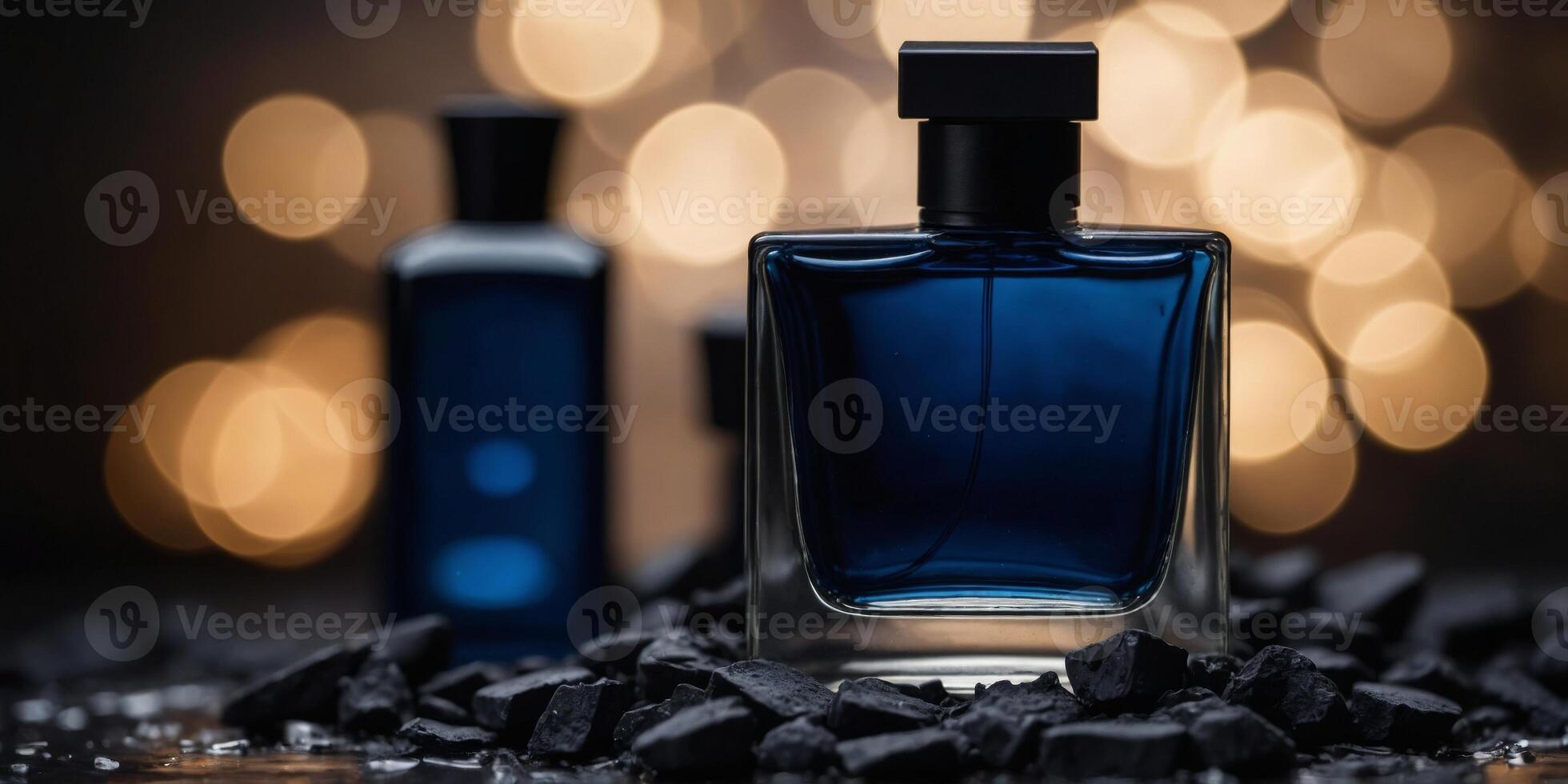 a dark blue cologne or perfume bottle placed on top of black charcoal pieces. photo