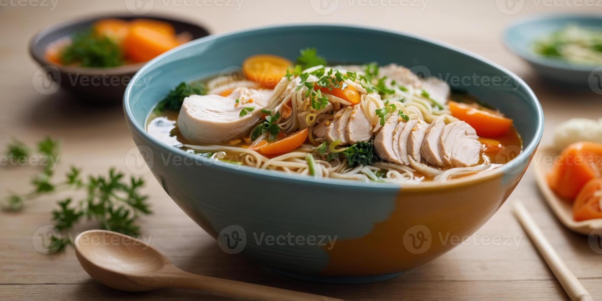 Bowl with noodle soup with poached chicken and vegetables. photo