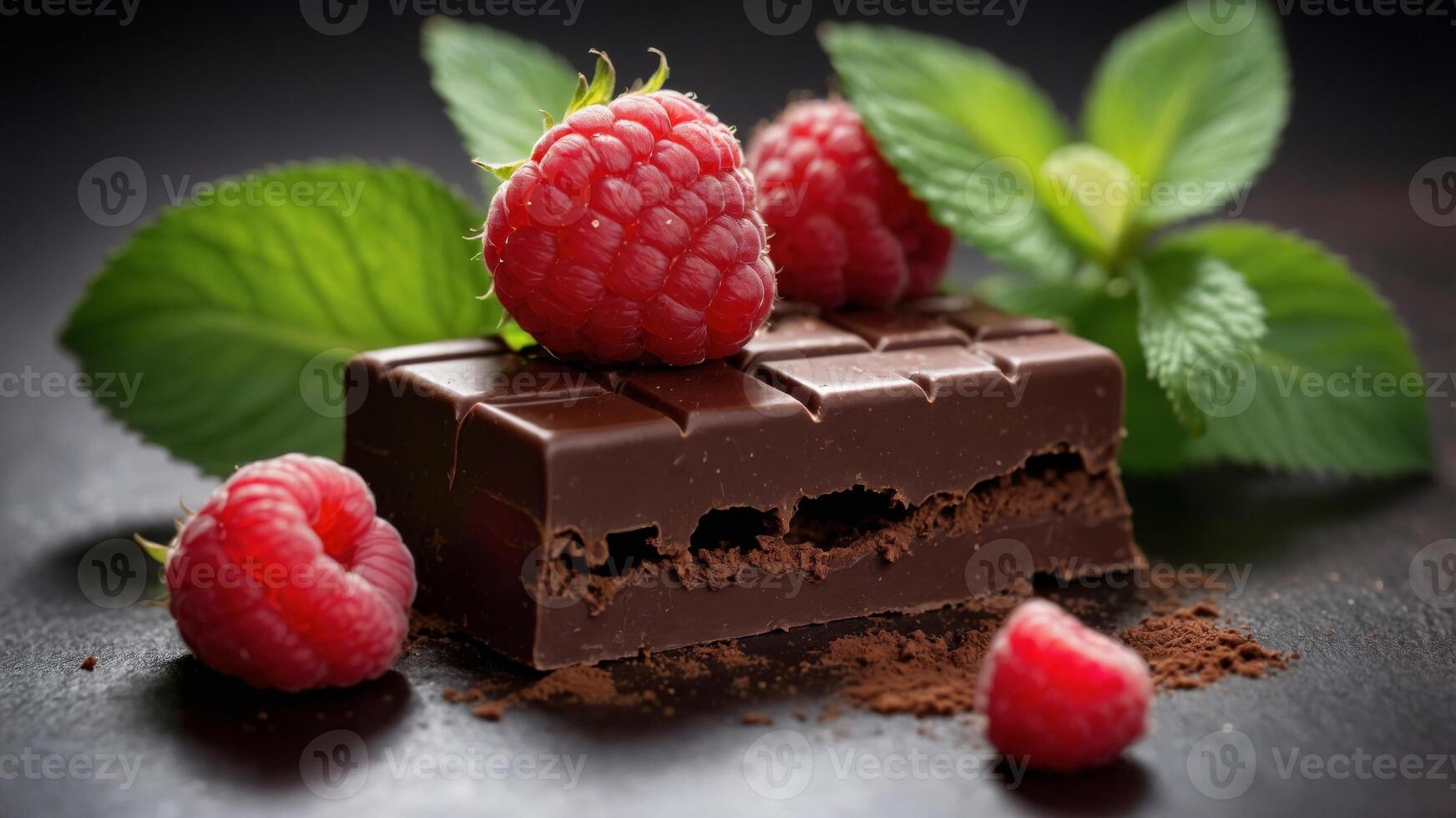 Dark Chocolate with Raspberries and Mint. photo