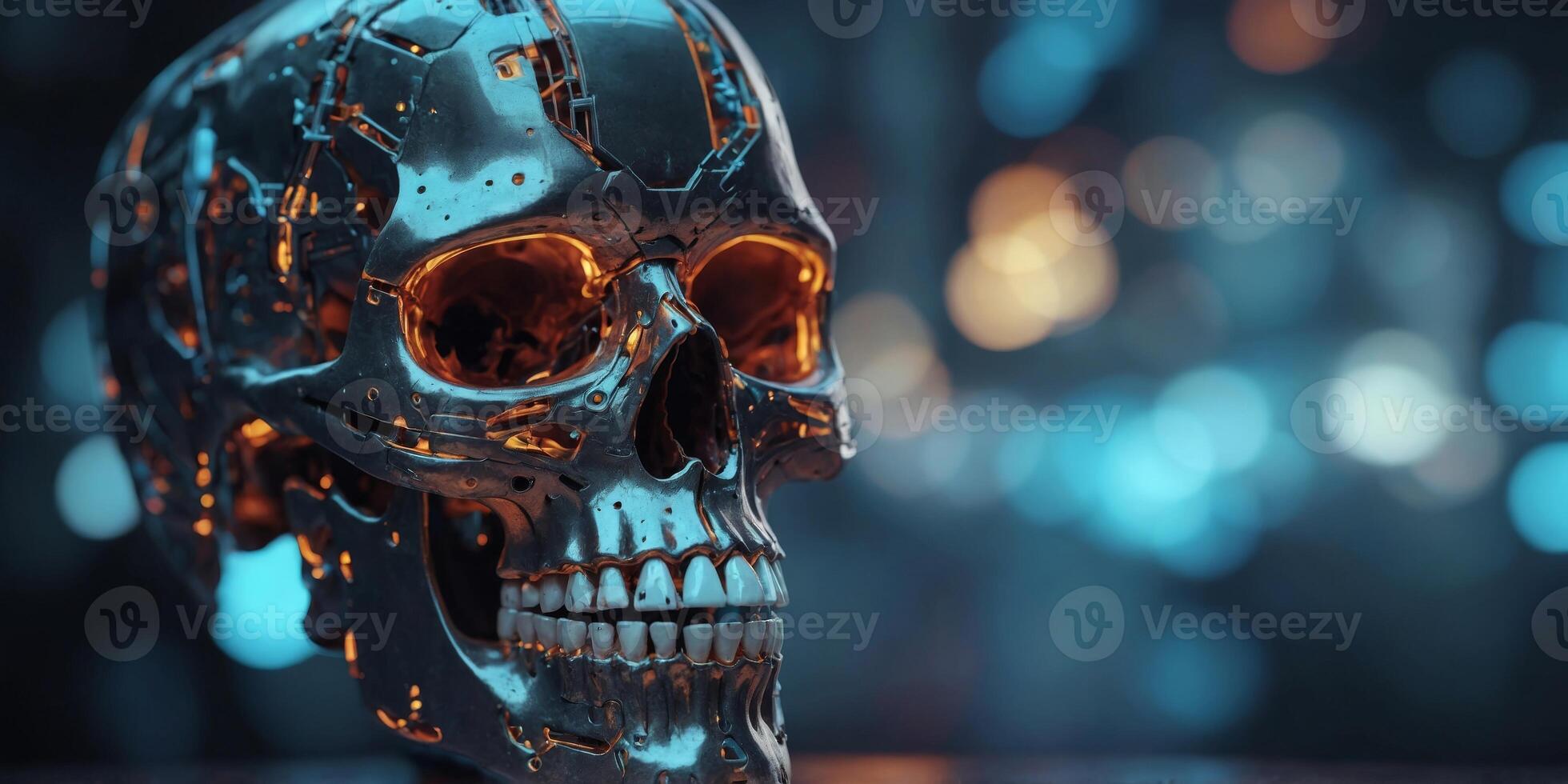 Cybernetic Skull in a Futuristic Digital World. photo