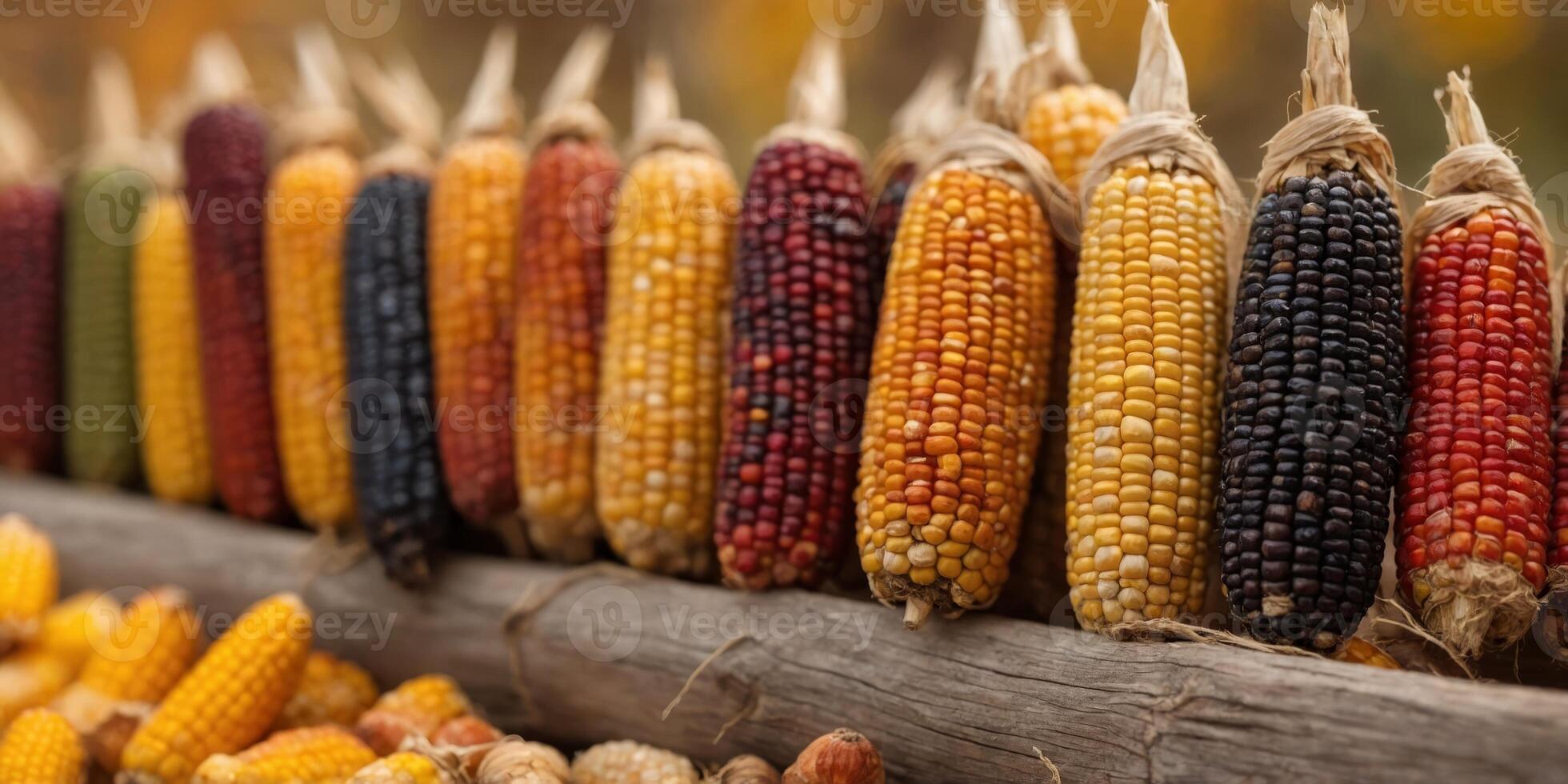 Colorful Dried Corn Cobs Arranged in Rustic Fall Harvest Display. photo