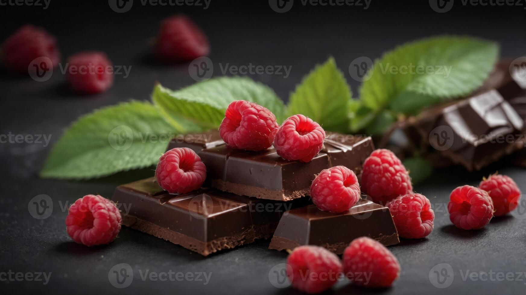 Dark Chocolate with Raspberries and Mint. photo