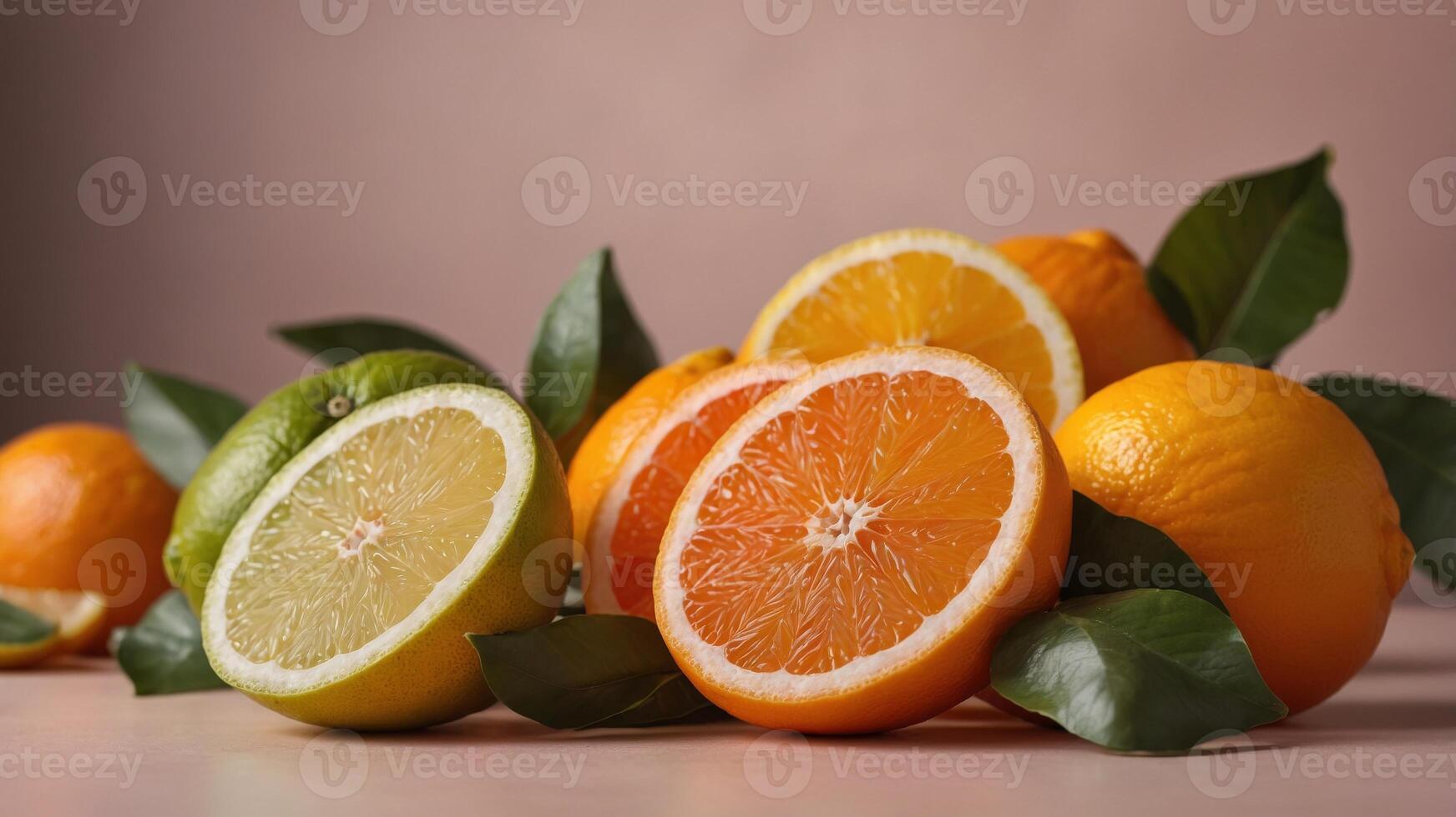 Slices of fresh citrus fruits arranged over a pastel background. photo