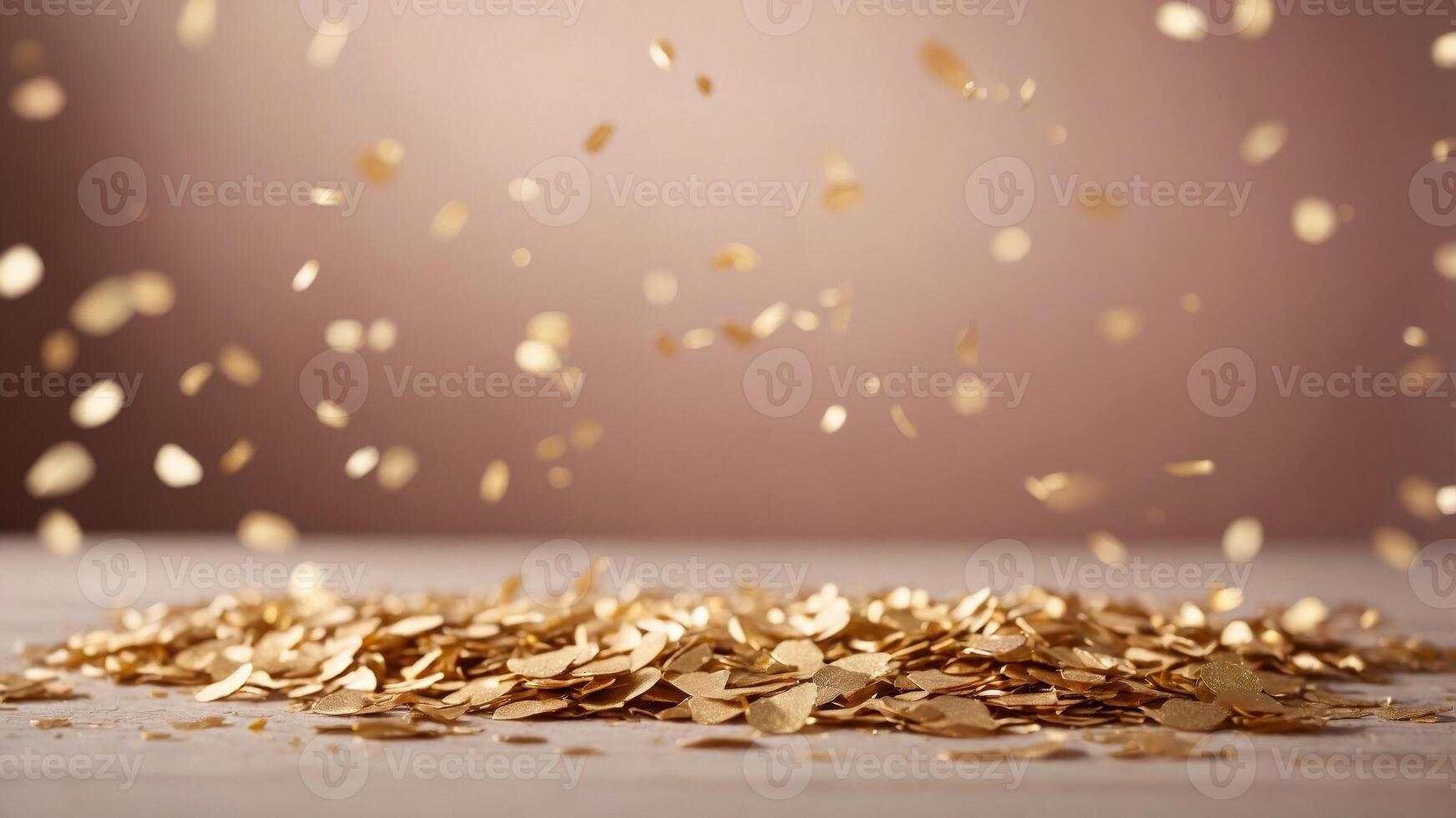 golden flying confetti on a pastel pink background for your festive project. photo