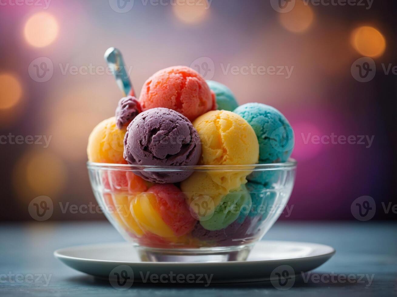 A colorful dessert serving with three scoops of ice cream on a glass bowl. photo