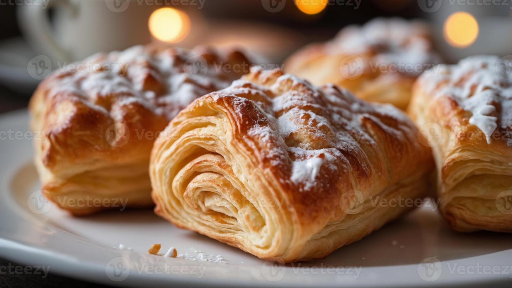 Danish puff pastry with white glazing on plate. photo