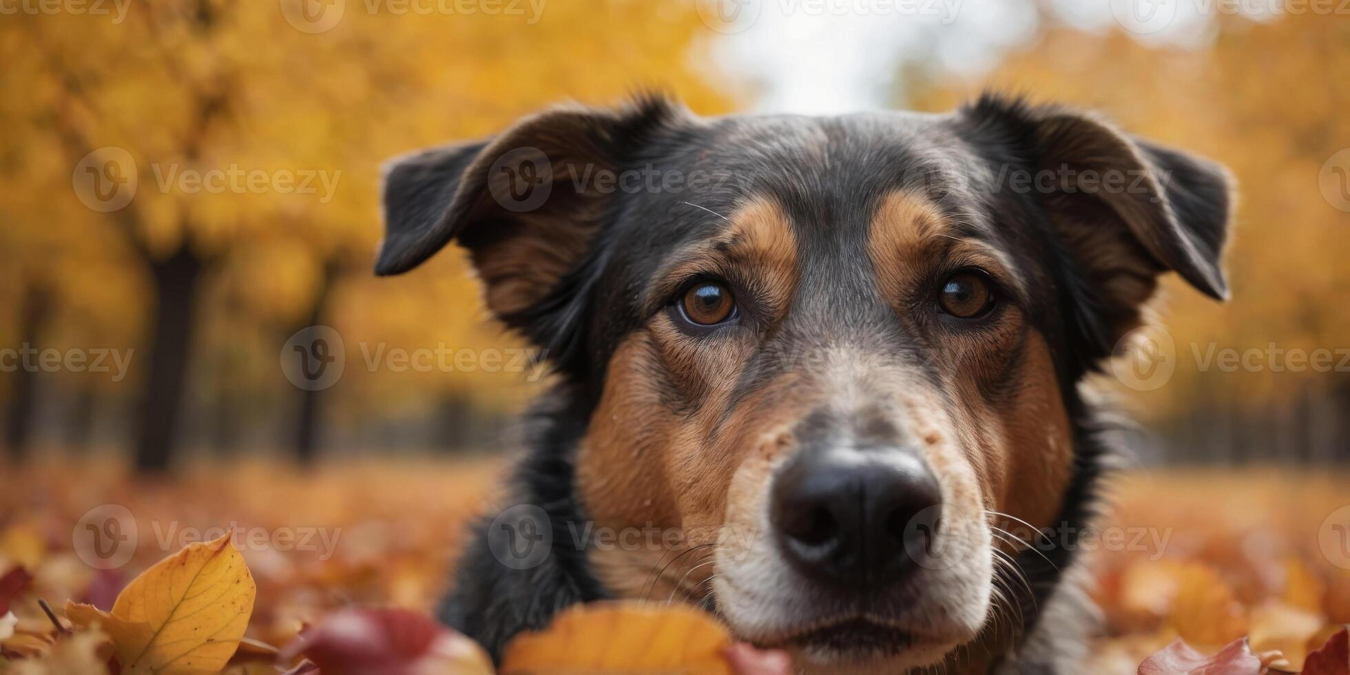 Cute nose of dog sticking out between colorful autumn leaves. photo