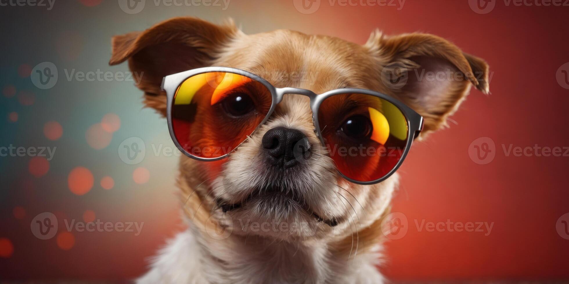 Small dog with sunglasses on red studio background. photo